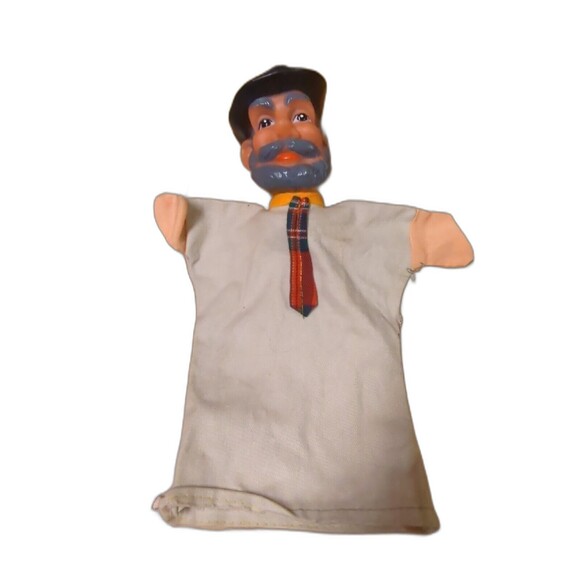 Fairytale Hand Puppet Man Black Hat Feather Plaid Tie Gray Beard Mustache - Picture 1 of 7